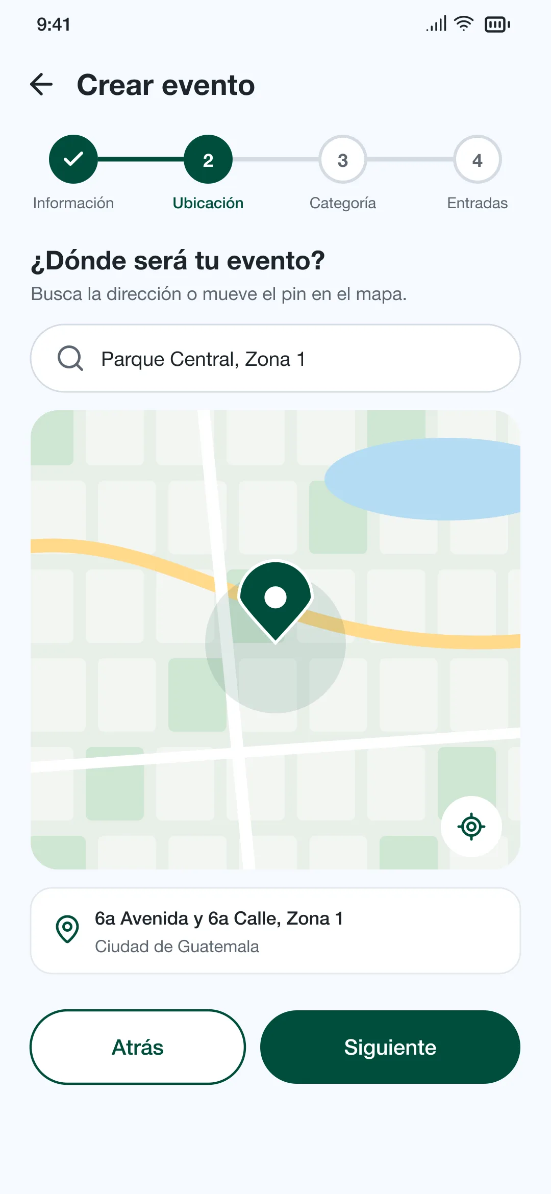 Formulario para crear un evento, paso de ubicación en el mapa