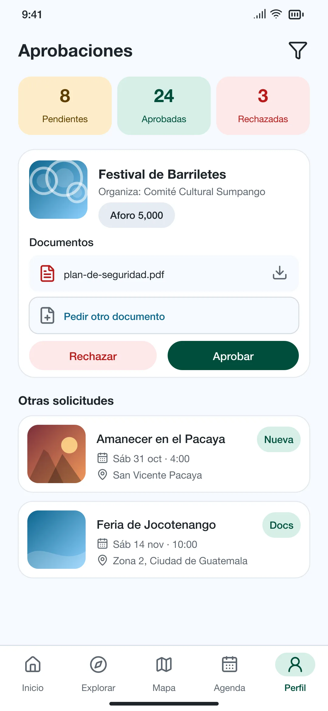 Bandeja de solicitudes de aprobación de la municipalidad
